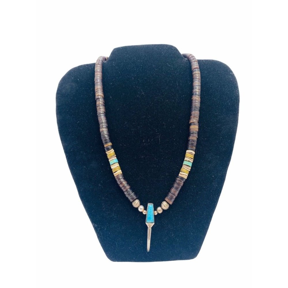 Handcrafted Navajo Necklace W/ Sterling Silver & Turquoise Pendant Heishi Beads